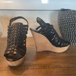 Black Faux Leather Strap Wedge